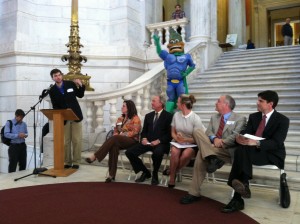 Environmental Groups lobbied legislators en masse on Tuesday. (L to R Mike Roles, Tricia Jedele, Gov. Lincoln Chafee, Nicole Pollock, Rep. Art Handy, and Francis Pullaro of RENEW NE.