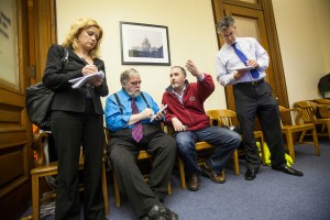 Teny Oded Gross sounds off to State House reporters. (Photos by Ryan T. Conaty.