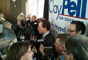 Clay Pell talks with local media after announcement.