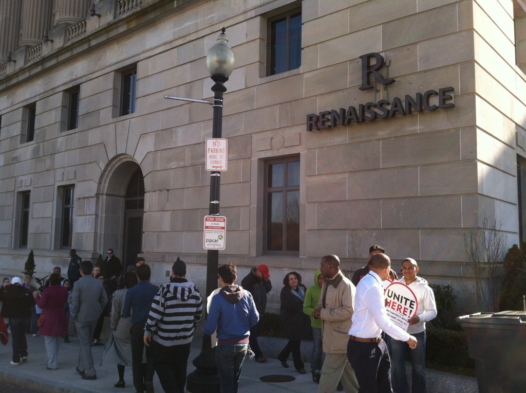 Members of Local 217 gather outside the Renaissance Hotel for an Informational Picket.