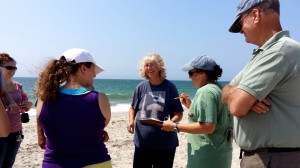 Janet Freedman, CRMC Coastal Geologist helps Dori Boardman with her beach sketch. (Photo Tracey C. O'Neill)