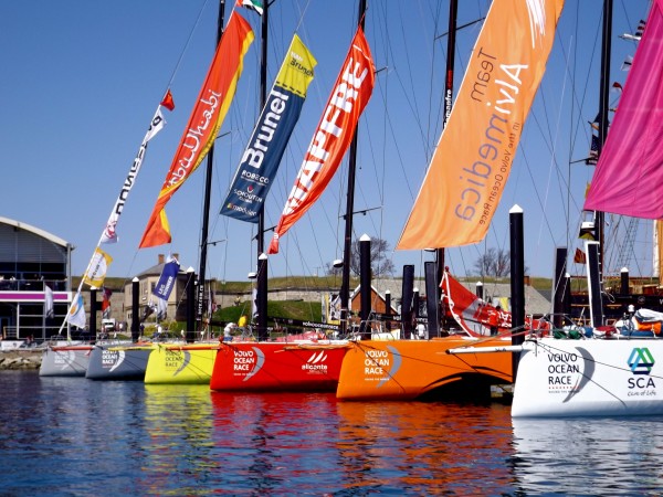 The Volvo Ocean Race boats berthed at Ft. Adams in Newport