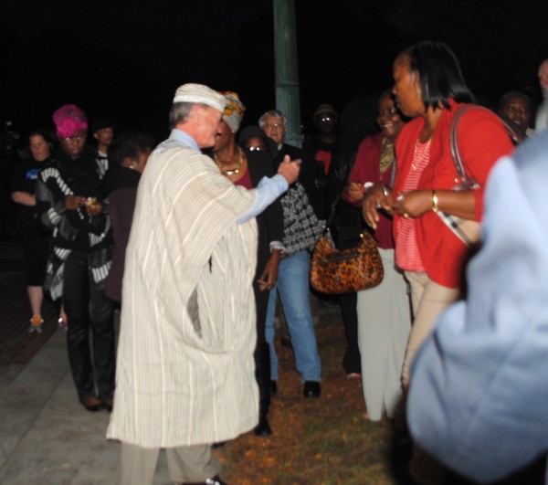 Gov Chafee dressed in traditional Liberian clothes. Photo by Steve Ahlquist.