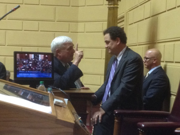 George Nee talks with House Speaker Gordon Fox. (Photo by Bob Plain)