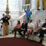 Environmental Groups lobbied legislators en masse on Tuesday. (L to R Mike Roles, Tricia Jedele, Gov. Lincoln Chafee, Nicole Pollock, Rep. Art Handy, and Francis Pullaro of RENEW NE.
