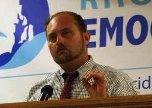 Todd Giroux at the 2012 Democratic State Convention asking to be given the House seat for District 68 in return for dropping his primary challenge to Sen. Sheldon Whitehouse (Photo by Will Collette)