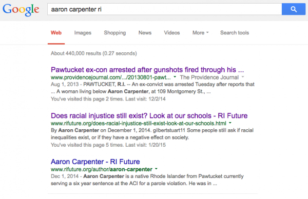 Prior to his post on RI Future, there was only one mention of Aaron Carpenter on Google.