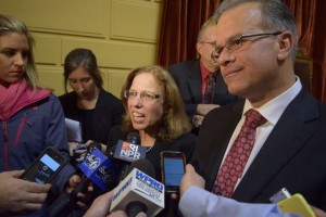 Senate President Paiva Weed and House Speaker Mattiello. Photo by Steve Klamkin, WPRO News