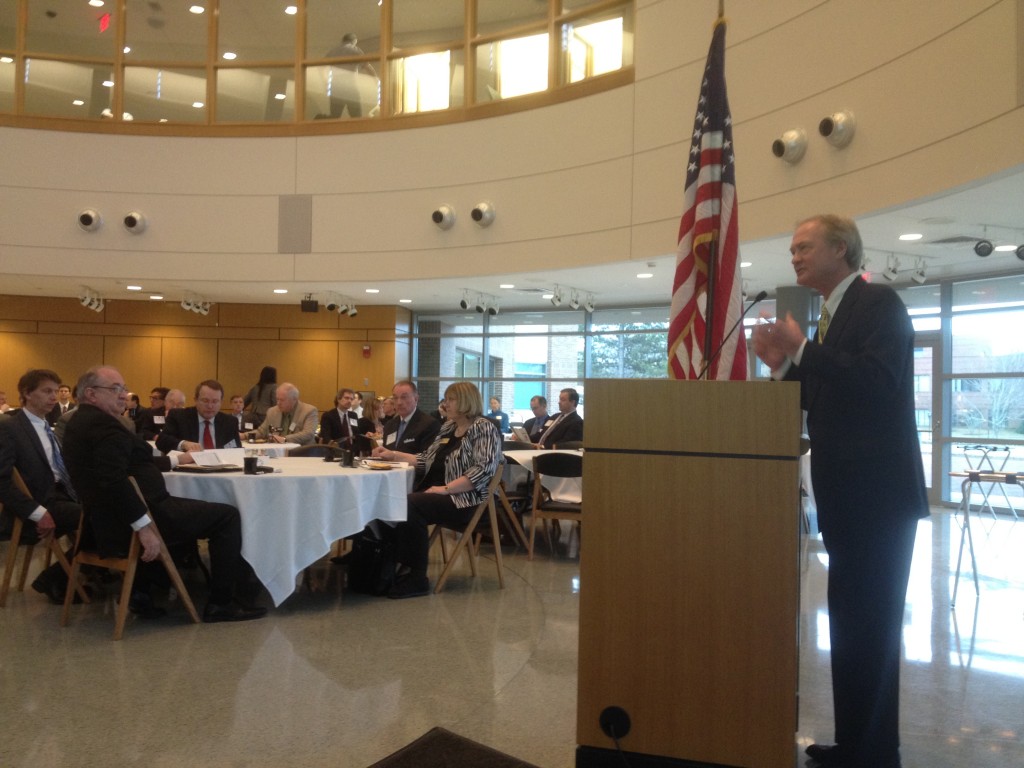 Governor Chafee addressing at Bryant University in 2012. (photo by Bob Plain)