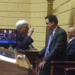 George Nee, president of the AFL-CIO, talks to House Speaker Gordon Fox. (Photo by Bob Plain)