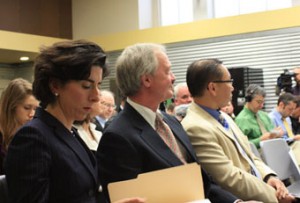Gina Raimondo, Linc Chafee and Allan Fung at the unveiling of the Truth in Numbers report. 