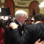 George Nee and Gordon Fox get reacquainted with each other on election night. (Photo by Bob Plain)