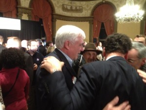 George Nee and Gordon Fox get reacquainted with each other on election night. (Photo by Bob Plain)