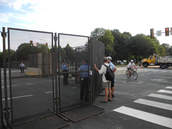 The security fence separating FDR Park from the Wells Fargo Arena.