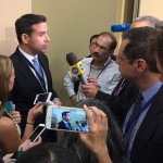 Hillary for America Press Secretary Brian Fallon speaks with media after the morning briefing on day one of the DNC.