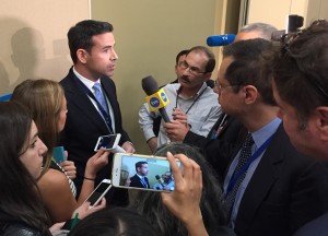 Hillary for America Press Secretary Brian Fallon speaks with media after the morning briefing on day one of the DNC.