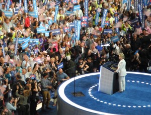Democratic nominee Hillary Clinton delivers her acceptance speech at the Democratic National Convention.