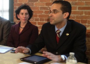 Gina Raimondo and Angel Taveras supporting payday loan reform. (Bob Plain 5/18/12 Click on image for larger version)