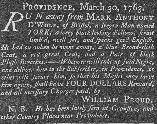 An advertisement for a runaway slave in the predecessor of the ProJo.