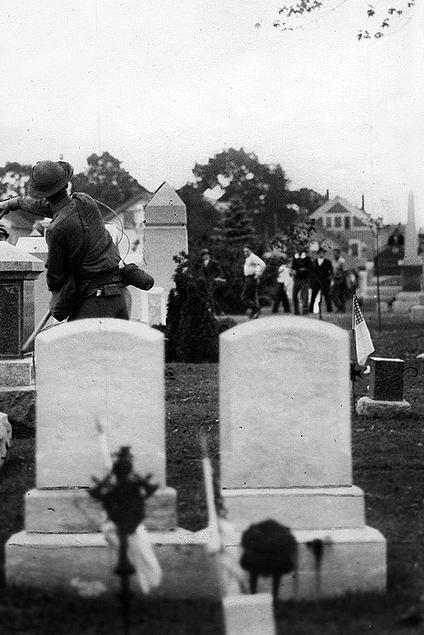 Militia attacking striking from behind gravestones in Saylesville, Rhode Island.