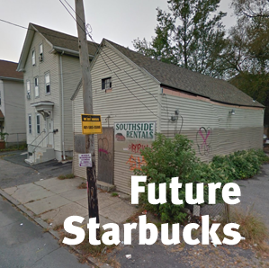 boarded up small commercial building with overgrown weeds, sign on utility pole reads "I buy house lots"; over-printed text reads "future starbucks"